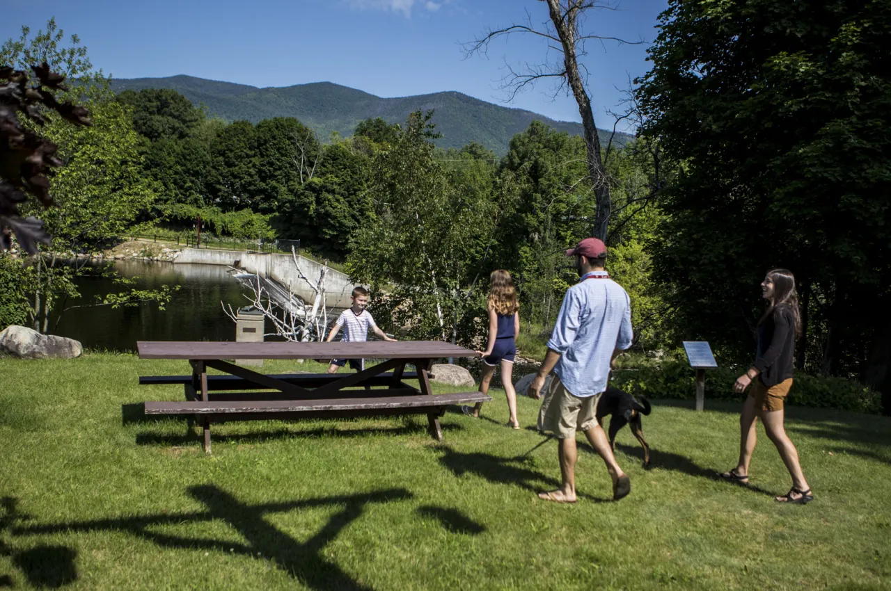 A family walks to a wooden picnic table in a park