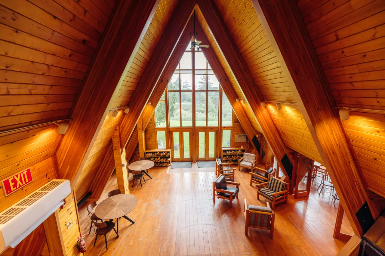 A large wooden a-frame interior