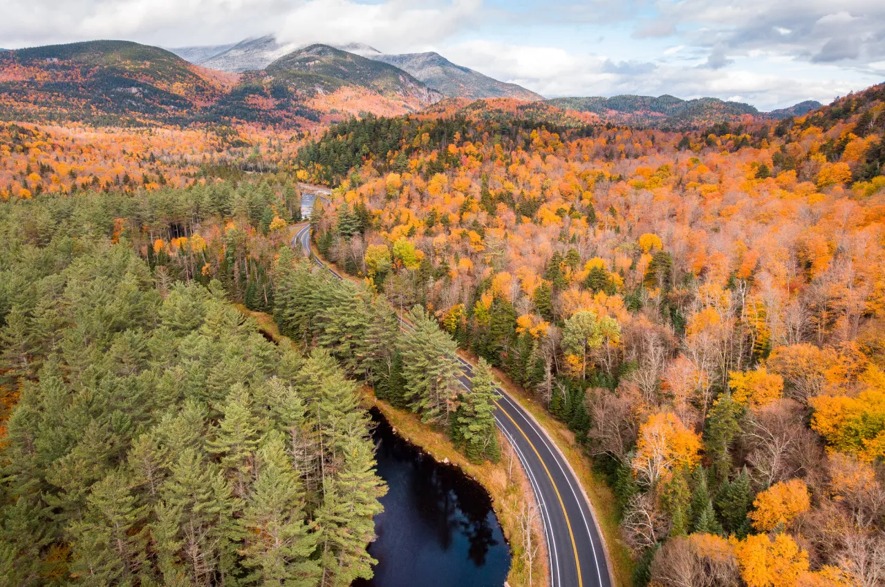 Road along a river leading into mountains in the distance with fall colors