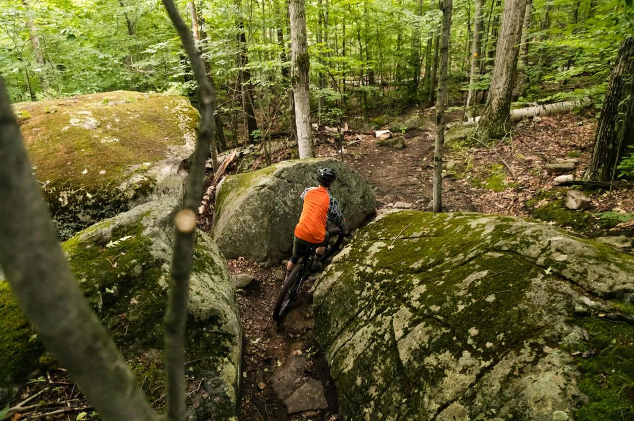 A mountain biker rides between large rocks on forest trail