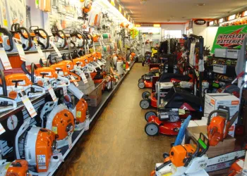 Aisle full of tools and lawn care equipment