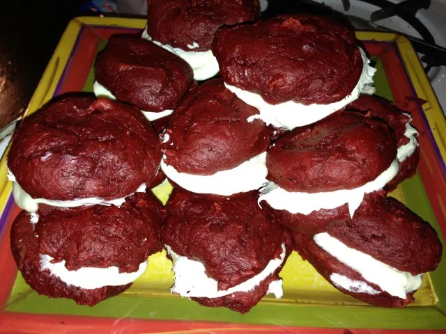 Low fat pumpkin red velvet cookies with a fat free frosting filling.