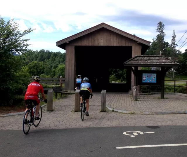 Crossing the Jay Covered Bridge