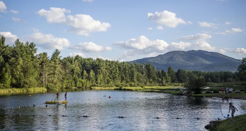 The swimming area at the Wilmington Town Beach, with mountains in the background.