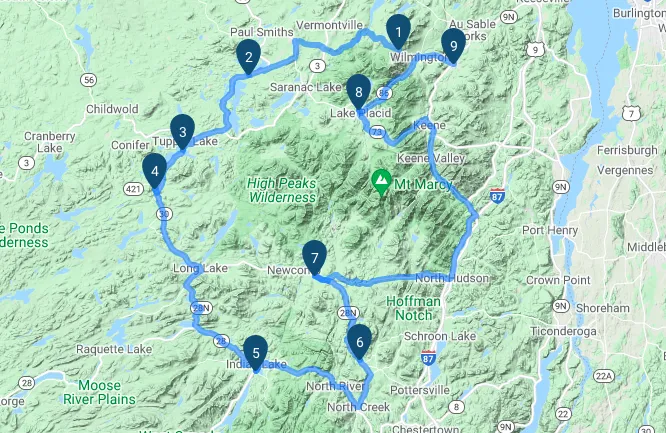 Map of a motorcycle loop trail through the Adirondacks.