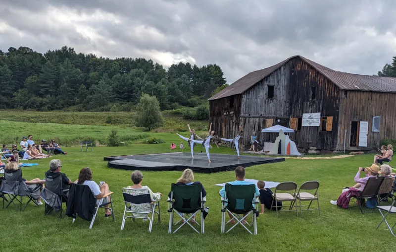 Ausable Theater presented “Dance The Jay House” featuring local and regional dance companies, including Gleich Dances. In this photo, dancers perform on a stage built in the yard of Norman Jabaut and Jason Andrew. Image courtesy Norman Jabaut and Jason Andrews.