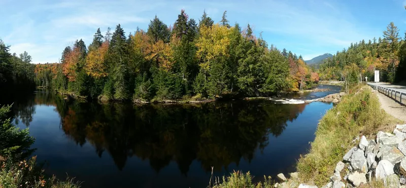 A still river lined with trees and a road.