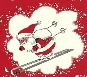 A vintage illustration of Santa on skis, surrounded by snowflakes.