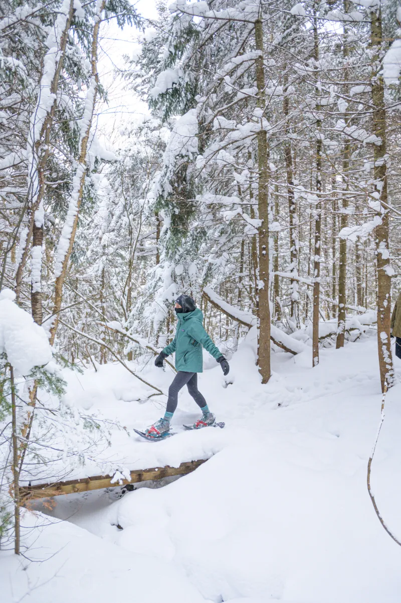 A woman snowshoe hikes on a powdery trail.