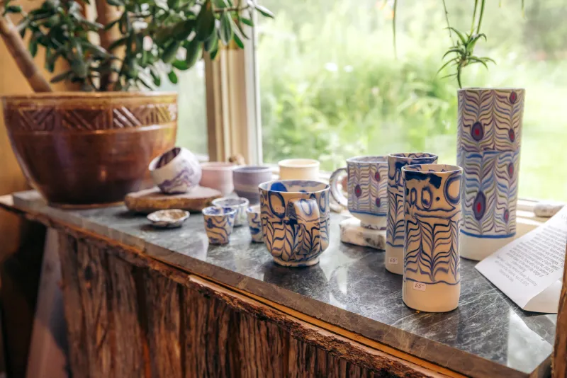 Pottery is displayed in a sunlit window next to a large jade plant in an art gallery shop.