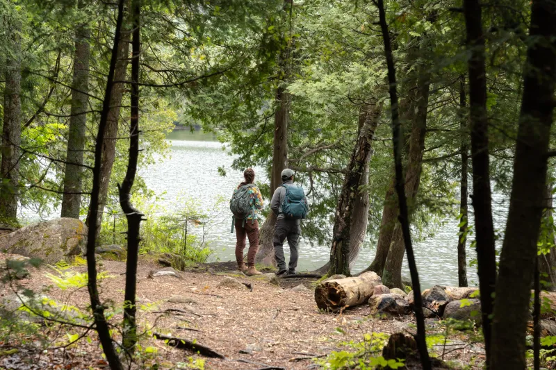 Two hikers stand on the shore of a pond, framed by evergreen trees.