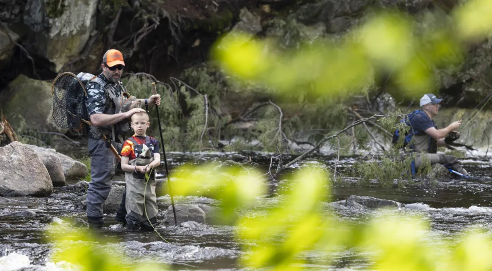 A father fishes with his son in the Ausable River