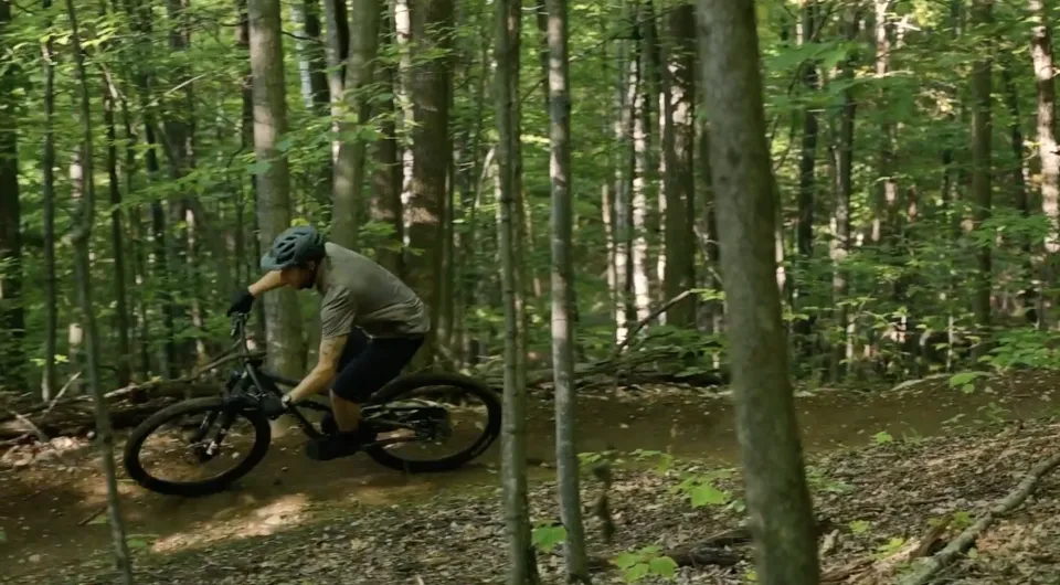 A mountain biker rides down a banking dirt trail in the woods.